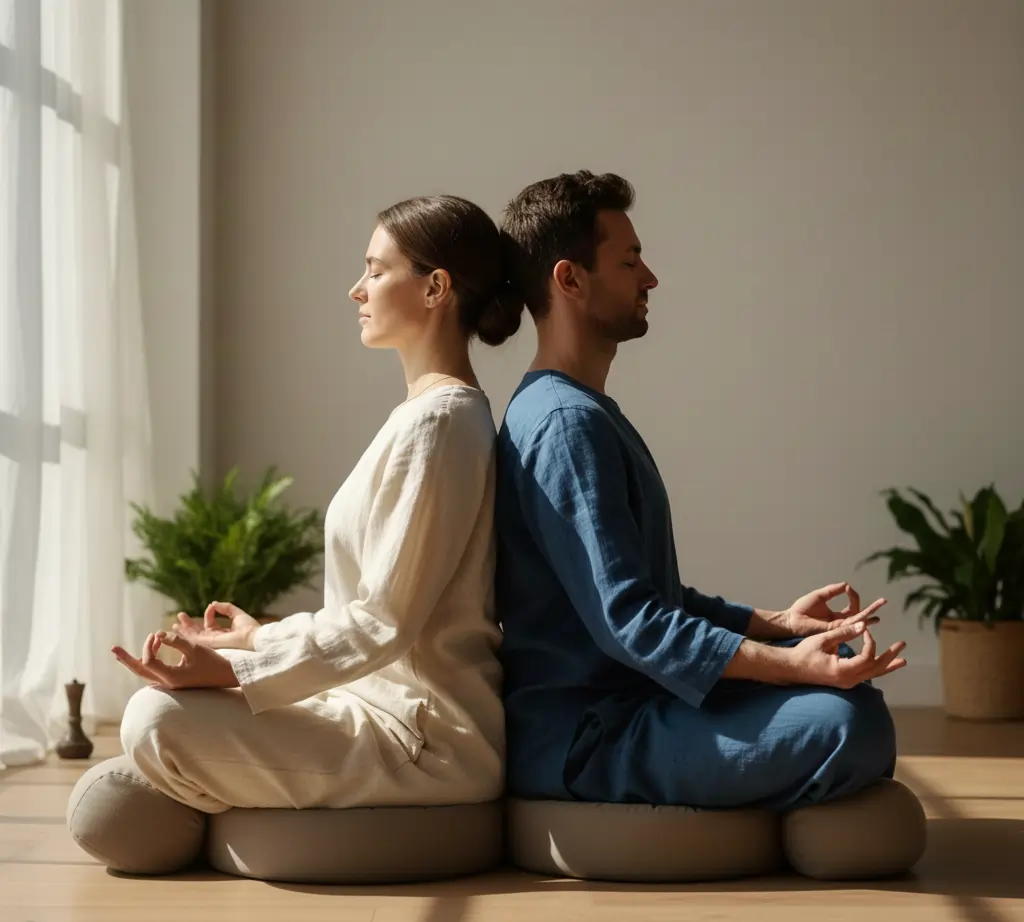 A man and a woman sit back-to-back on round meditation cushions in a bright, sunlit room. Both are in a cross-legged position with their eyes closed and hands resting on their knees in a mudra pose. They are dressed in comfortable, loose-fitting linen clothing—the woman in cream and the man in blue. The background features soft natural light from a window and green potted plants, creating a serene and mindful atmosphere.