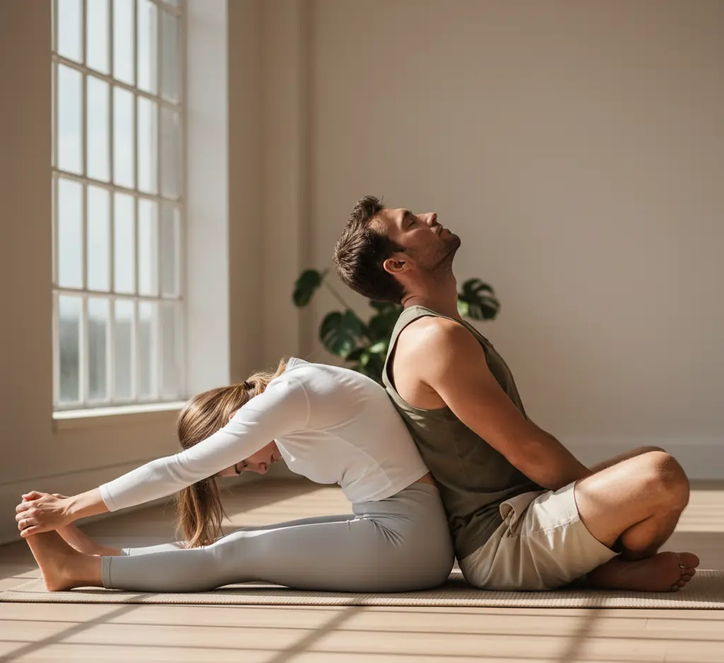 A man and a woman practice a partner yoga stretch on a mat in a bright, minimalist studio. One person is in a seated forward fold with legs extended, reaching for their feet, while the other sits back-to-back in a cross-legged position, leaning slightly back to provide gentle resistance and support. The scene is illuminated by soft, natural light coming through a large window, highlighting the calm and focused atmosphere of the exercise.